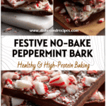 A tray of no-bake chocolate peppermint protein bark topped with crushed candy canes for a festive holiday look.